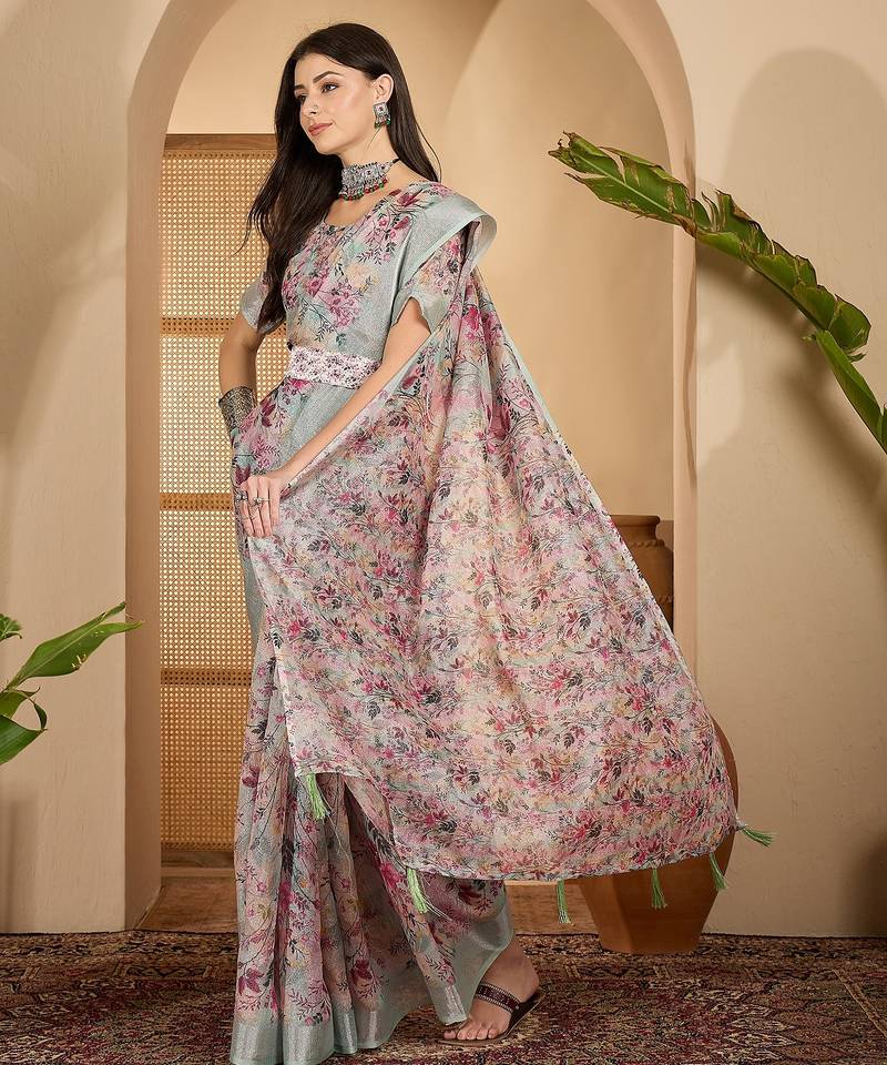 Pastel floral digital print linen silver zari saree with belt lightweight festive saree for women