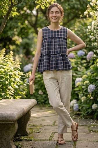 Navy women's checked pattern linen sleeveless top & straight pants set