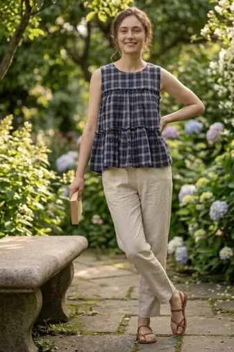 Navy women's checked pattern linen sleeveless top & straight pants set