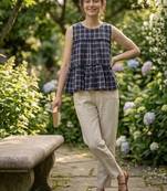 Navy women's checked pattern linen sleeveless top & straight pants set
