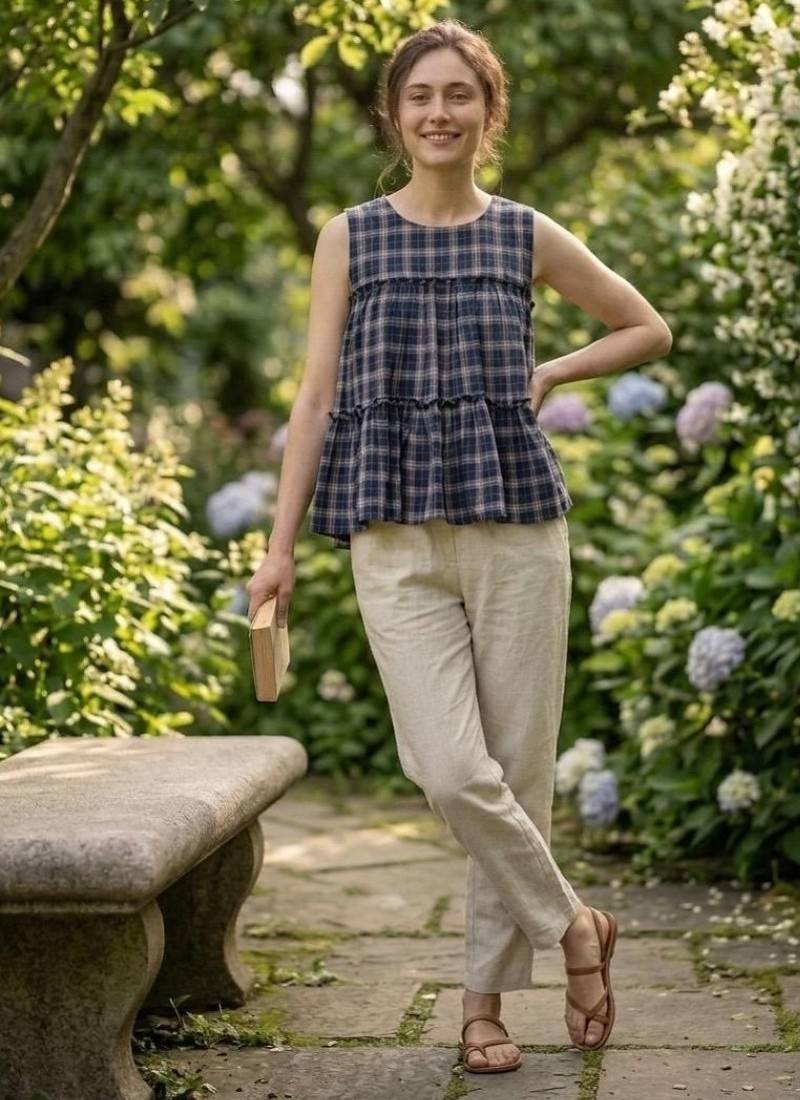 Navy women's checked pattern linen sleeveless top & straight pants set