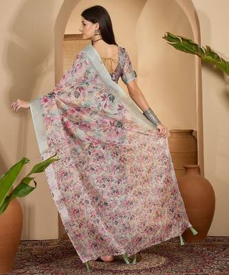 Pastel floral digital print linen silver zari saree with belt lightweight festive saree for women 4