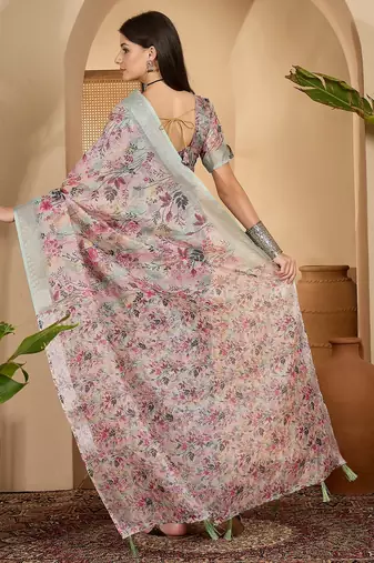 Pastel floral digital print linen silver zari saree with belt lightweight festive saree for women