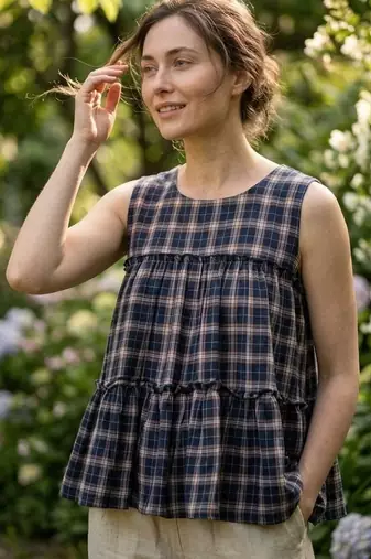Navy women's checked pattern linen sleeveless top & straight pants set