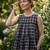 Navy women's checked pattern linen sleeveless top & straight pants set