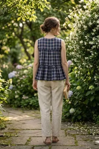 Navy women's checked pattern linen sleeveless top & straight pants set
