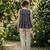 Navy women's checked pattern linen sleeveless top & straight pants set