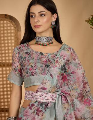 Pastel floral digital print linen silver zari saree with belt lightweight festive saree for women 5