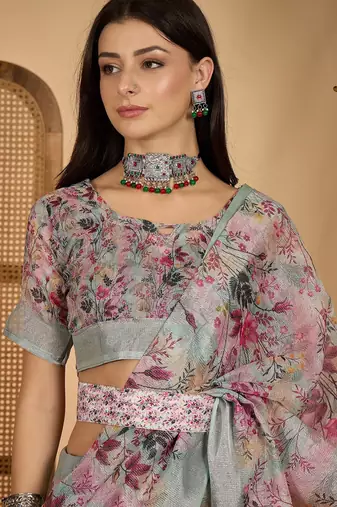 Pastel floral digital print linen silver zari saree with belt lightweight festive saree for women