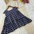 Navy women's checked pattern linen sleeveless top & straight pants set