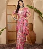 Pink linen silver zari saree with belt trendy digital printed saree for festivals & casual wear