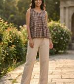 Chocolate women's checked pattern linen sleeveless top & straight pants set