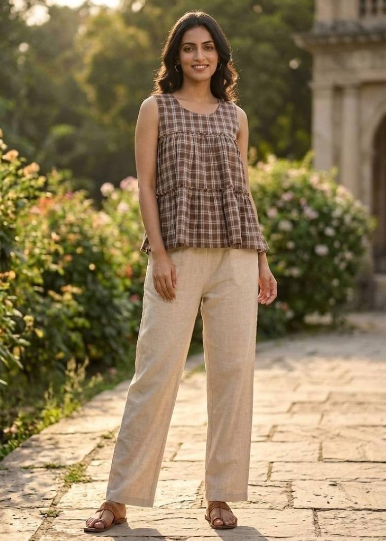 Chocolate women's checked pattern linen sleeveless top & straight pants set
