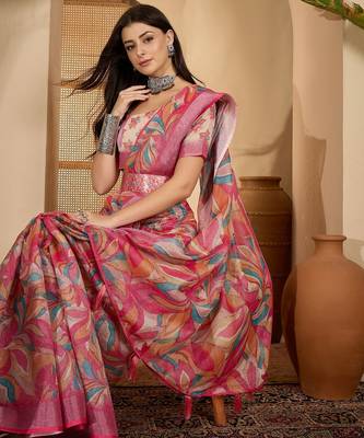 Pink linen silver zari saree with belt trendy digital printed saree for festivals & casual wear 2
