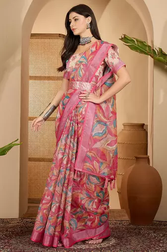 Pink linen silver zari saree with belt trendy digital printed saree for festivals & casual wear
