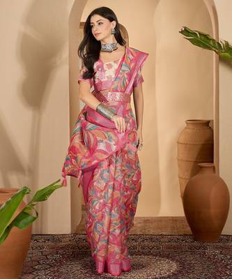 Pink linen silver zari saree with belt trendy digital printed saree for festivals & casual wear 4