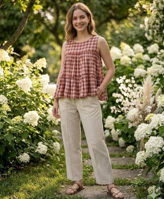 Rust women's checked pattern linen sleeveless top & straight pants set 1