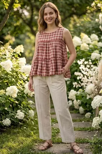 Rust women's checked pattern linen sleeveless top & straight pants set