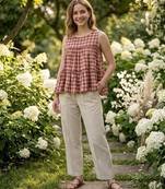 Rust women's checked pattern linen sleeveless top & straight pants set