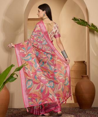 Pink linen silver zari saree with belt trendy digital printed saree for festivals & casual wear 5