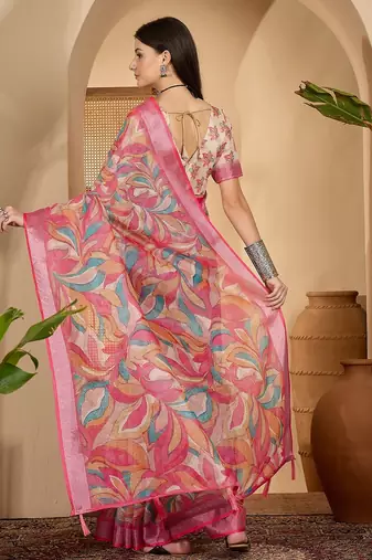 Pink linen silver zari saree with belt trendy digital printed saree for festivals & casual wear