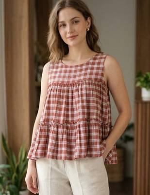 Rust women's checked pattern linen sleeveless top & straight pants set 2