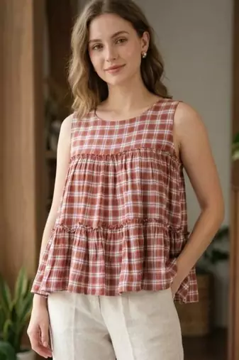 Rust women's checked pattern linen sleeveless top & straight pants set