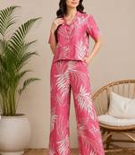 Pink women's leaf print poly viscose casual co-ord set