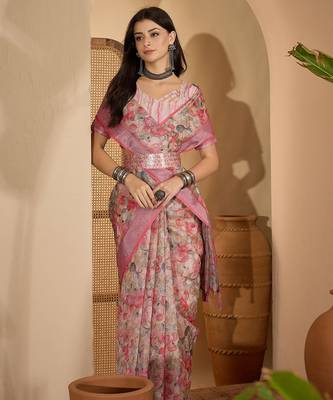Linen silver zari pink floral digital printed saree with designer waist belt premium festive saree 2