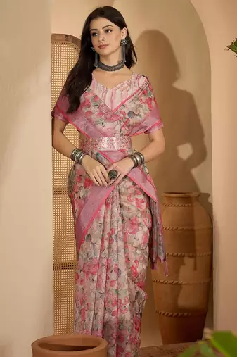 Linen silver zari pink floral digital printed saree with designer waist belt premium festive saree