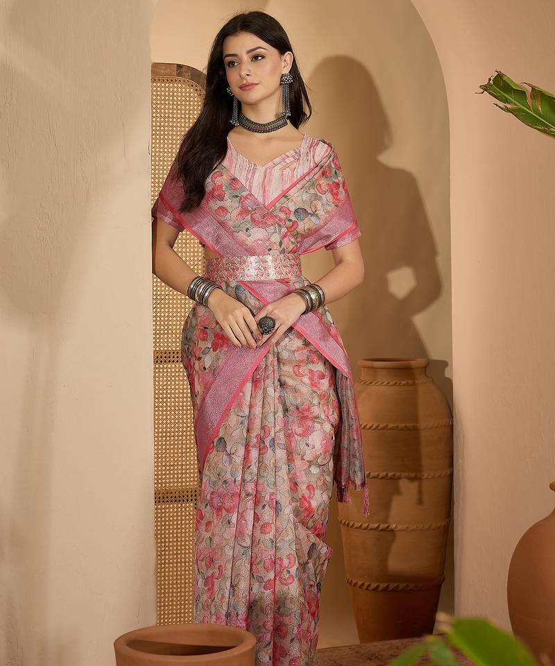 Linen silver zari pink floral digital printed saree with designer waist belt premium festive saree