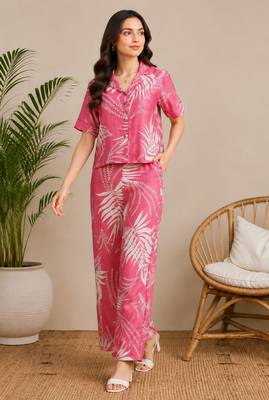 Pink women's leaf print poly viscose casual co-ord set 2