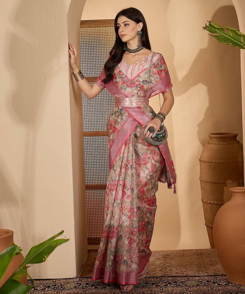 Linen silver zari pink floral digital printed saree with designer waist belt premium festive saree