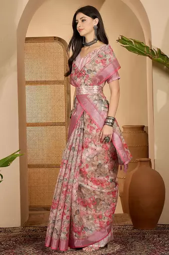 Linen silver zari pink floral digital printed saree with designer waist belt premium festive saree
