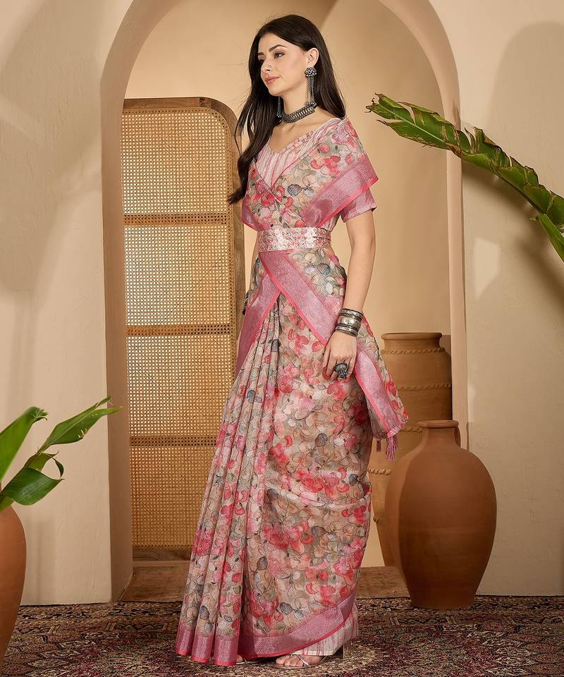 Linen silver zari pink floral digital printed saree with designer waist belt premium festive saree