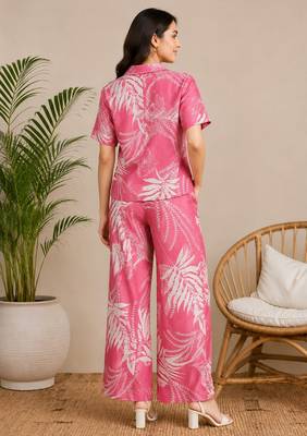 Pink women's leaf print poly viscose casual co-ord set 4