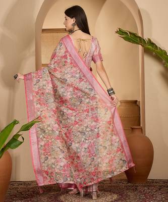 Linen silver zari pink floral digital printed saree with designer waist belt premium festive saree 5