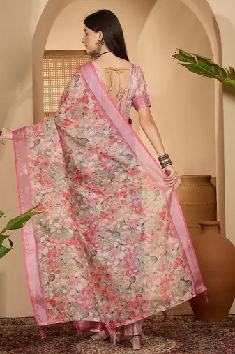 Linen silver zari pink floral digital printed saree with designer waist belt premium festive saree