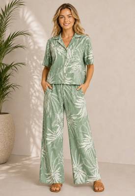 Mint green women's leaf print poly viscose casual co-ord set 1