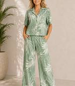Mint green women's leaf print poly viscose casual co-ord set