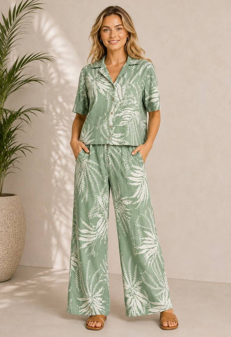 Mint green women's leaf print poly viscose casual co-ord set