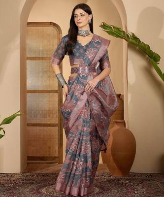 Elegant linen silver zari dark grey-pink floral digital printed with designer belt festive saree 1