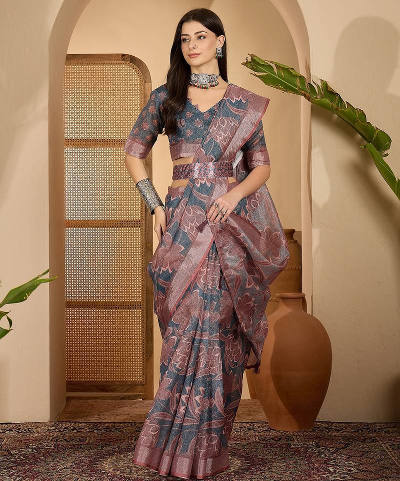 Elegant linen silver zari dark grey-pink floral digital printed with designer belt festive saree