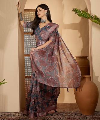 Elegant linen silver zari dark grey-pink floral digital printed with designer belt festive saree 2