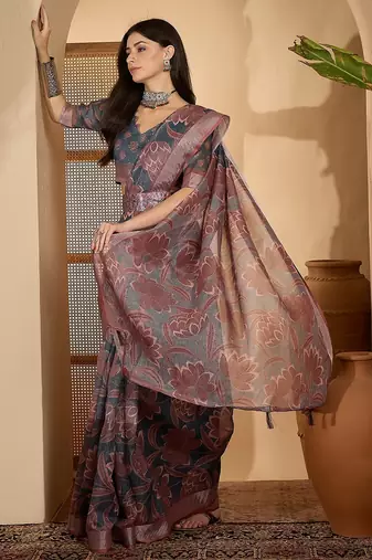 Elegant linen silver zari dark grey-pink floral digital printed with designer belt festive saree