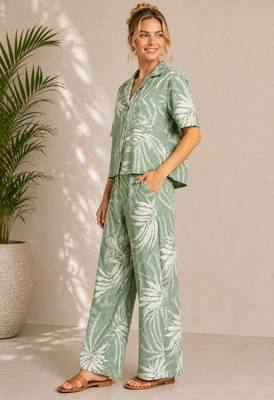 Mint green women's leaf print poly viscose casual co-ord set 4
