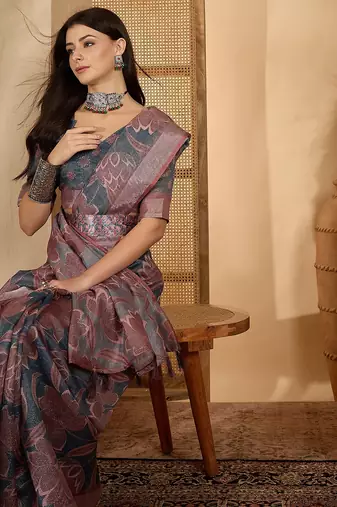 Elegant linen silver zari dark grey-pink floral digital printed with designer belt festive saree