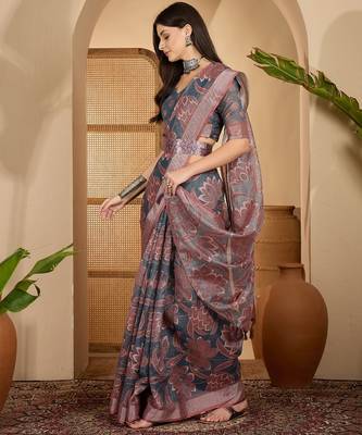 Elegant linen silver zari dark grey-pink floral digital printed with designer belt festive saree 4