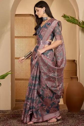 Elegant linen silver zari dark grey-pink floral digital printed with designer belt festive saree