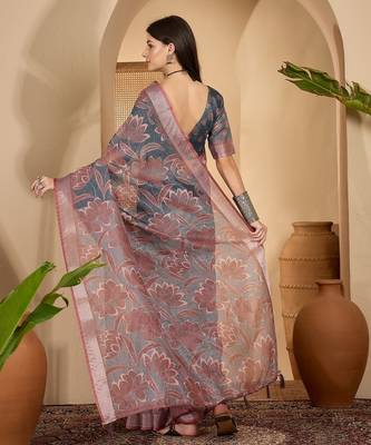 Elegant linen silver zari dark grey-pink floral digital printed with designer belt festive saree 5